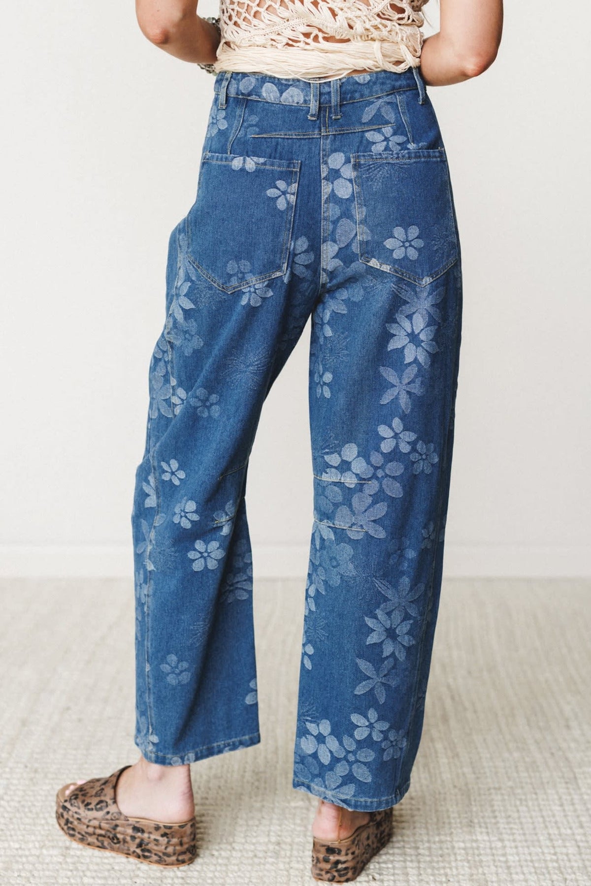 Blue Floral Print Ankle Length Casual Pocket Jeans