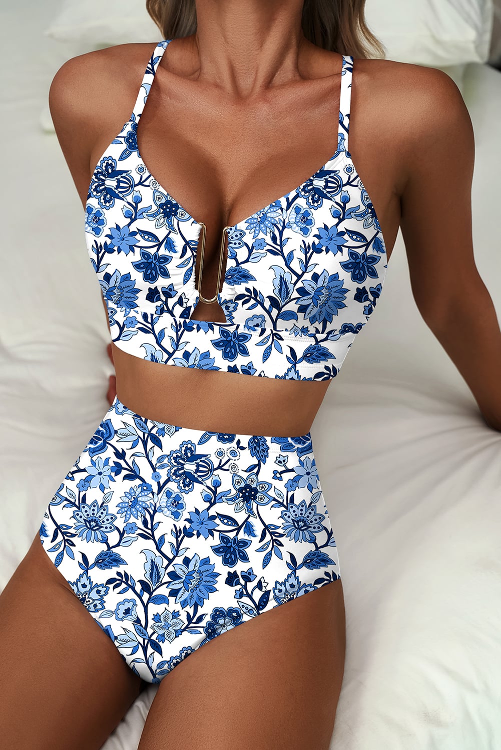 Blue Floral Print Hardware Accent Notched Neck High Waist Bikini Set