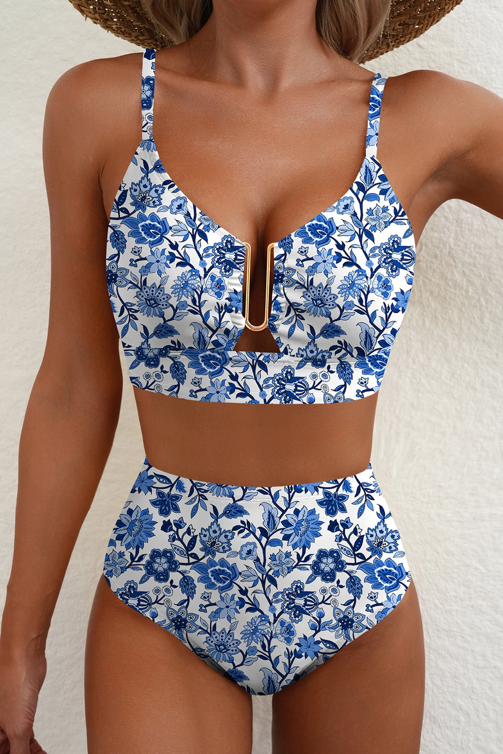 Blue Floral Print Hardware Accent Notched Neck High Waist Bikini Set