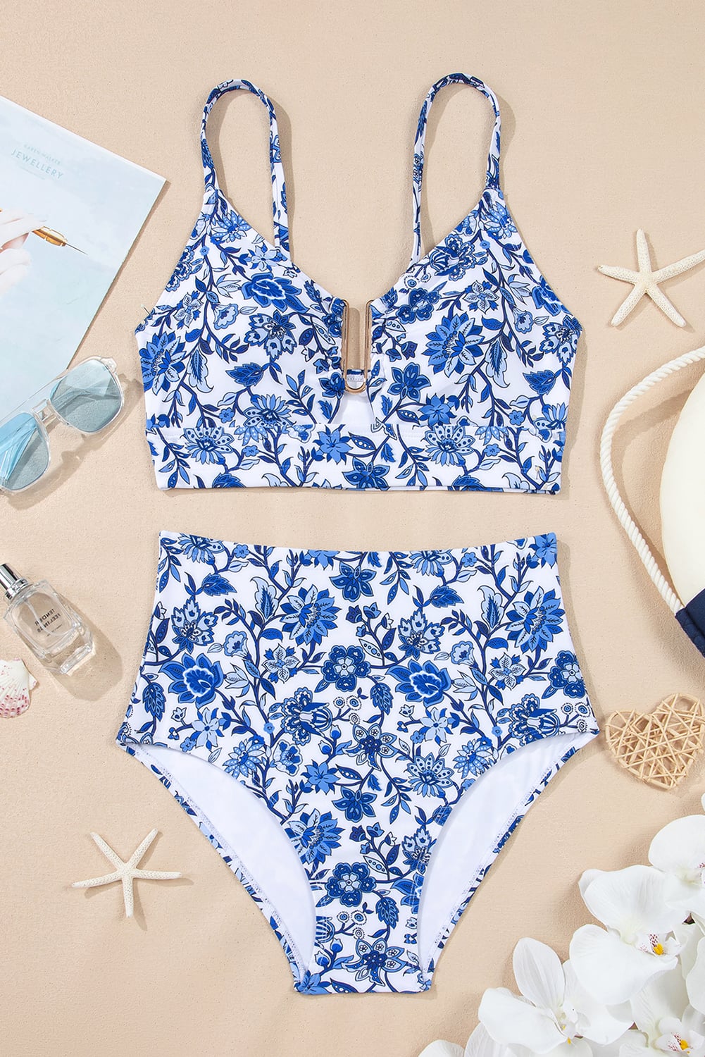 Blue Floral Print Hardware Accent Notched Neck High Waist Bikini Set
