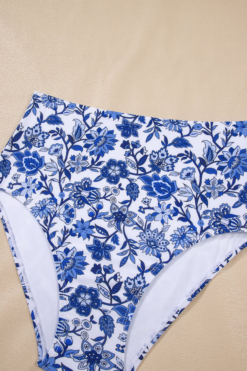 Blue Floral Print Hardware Accent Notched Neck High Waist Bikini Set