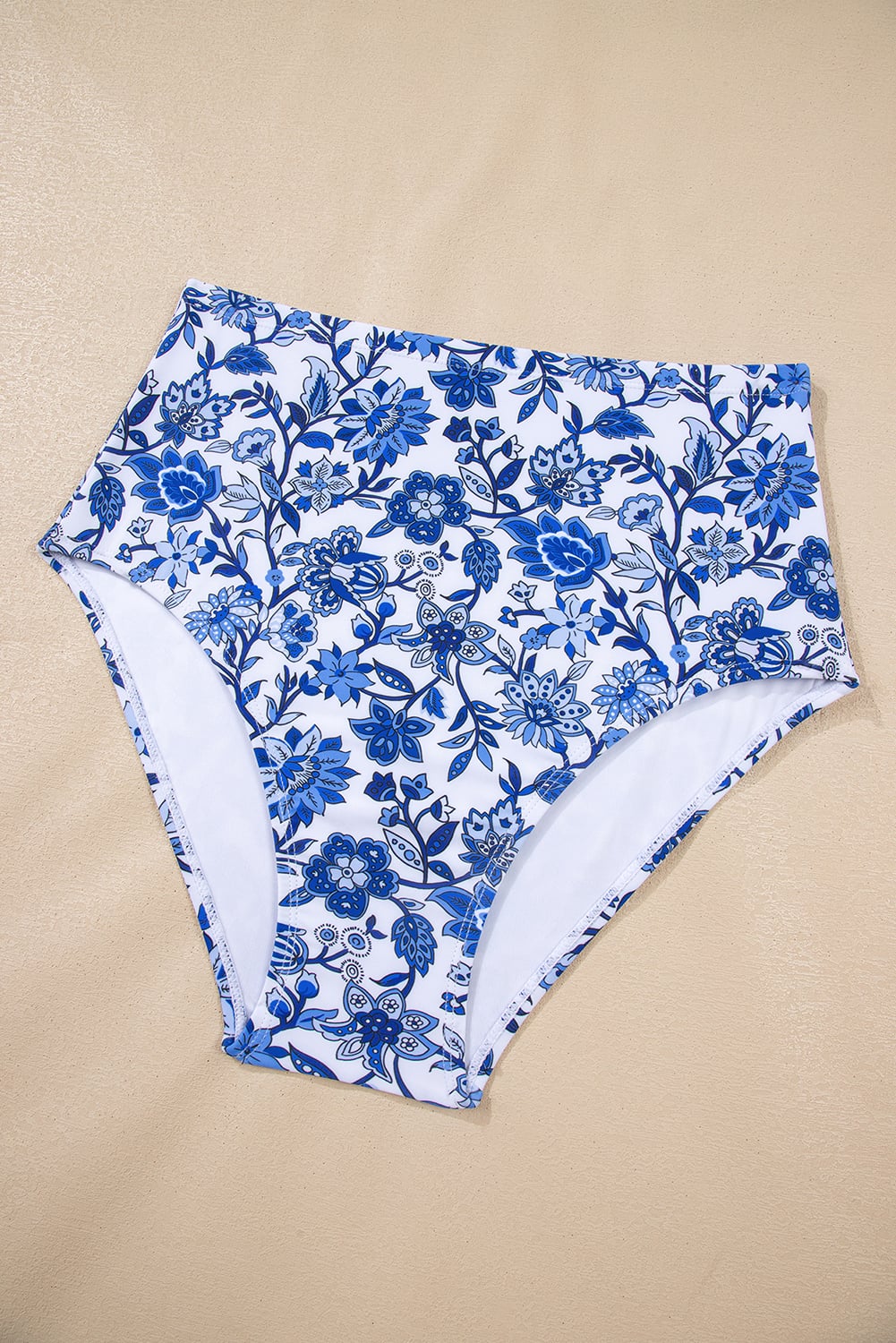 Blue Floral Print Hardware Accent Notched Neck High Waist Bikini Set