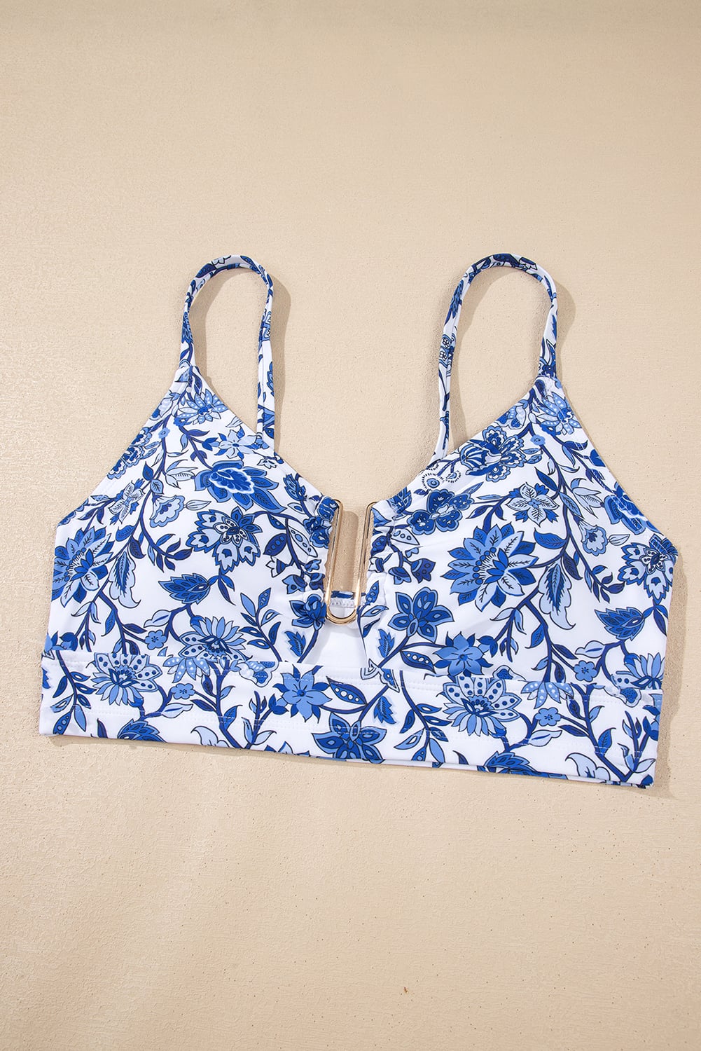 Blue Floral Print Hardware Accent Notched Neck High Waist Bikini Set