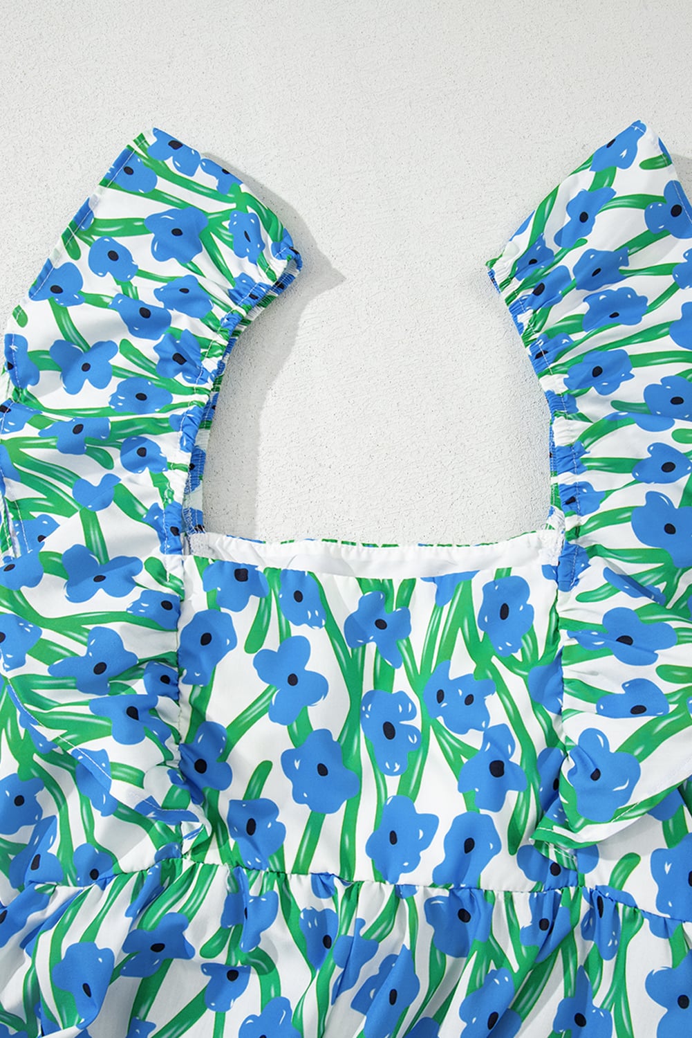 Blue Floral Print Square Neck Ruffled Strap Maxi Dress