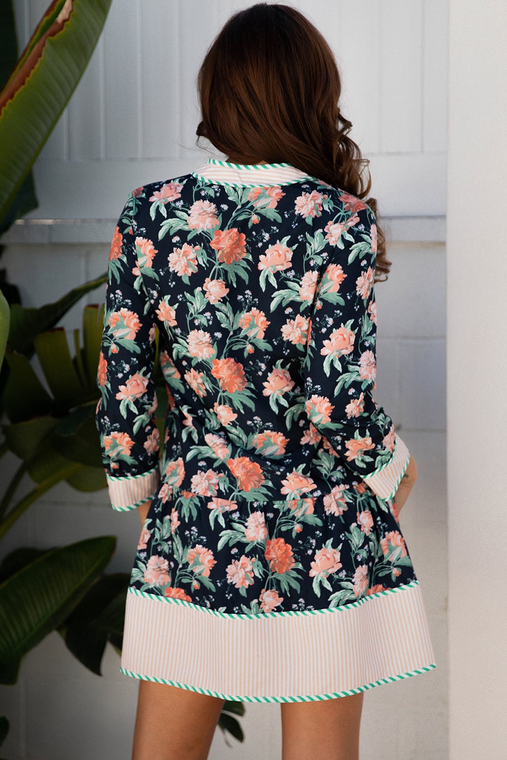 Blue Floral Print Striped Trim V Neck Long Sleeve Ruffle Hem Shift Mini Dress