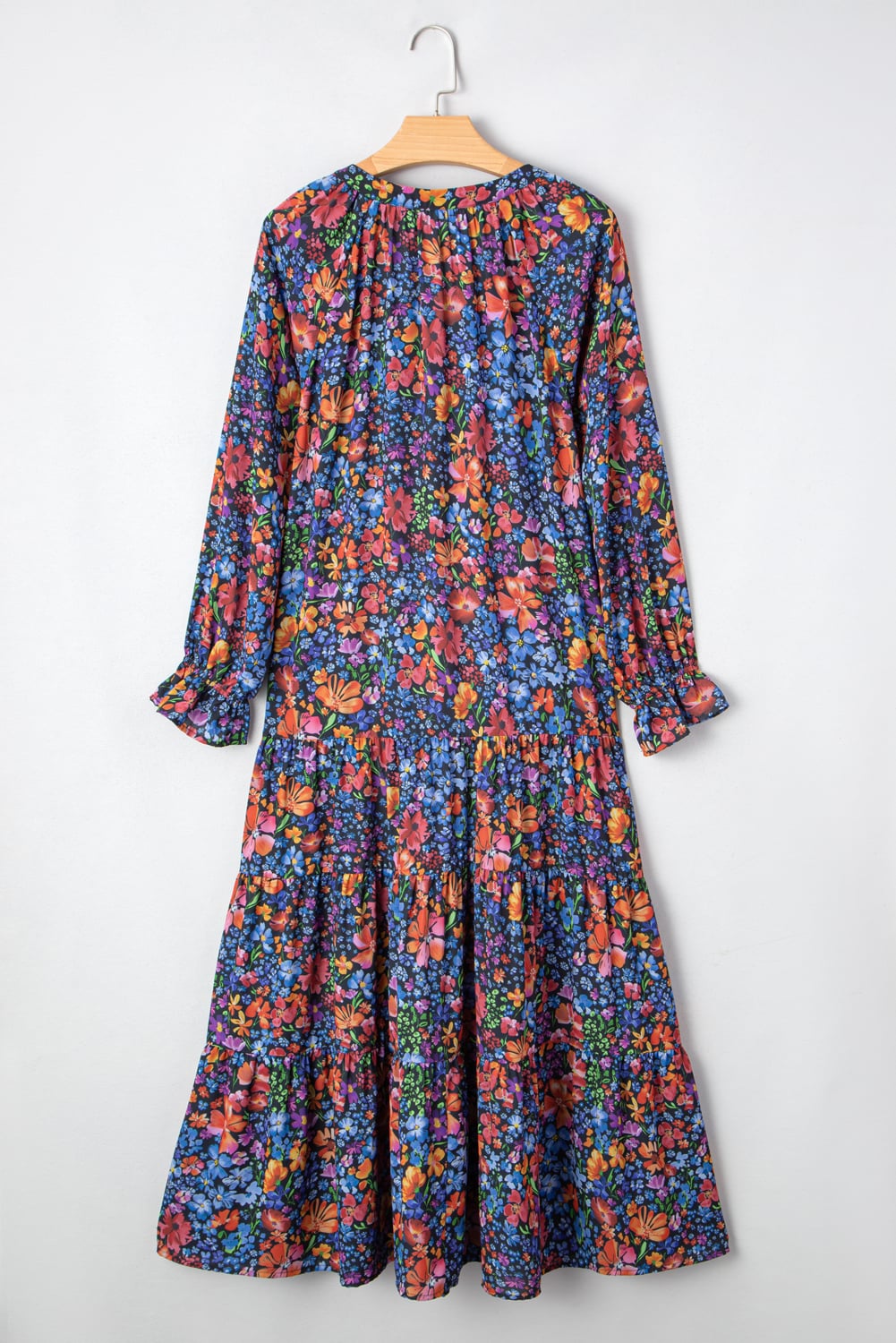 Blue Floral Print Tassel Tie V Neck Long Sleeve Flowy Long Dress