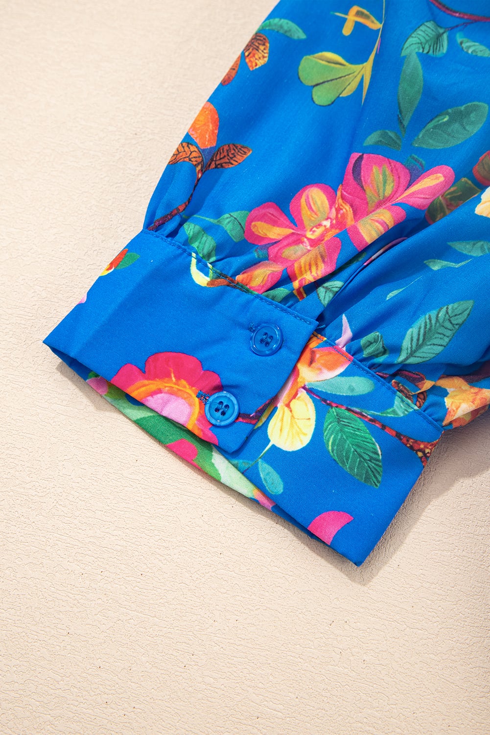 Blue Floral Short Puff Sleeve Button Up Shirt