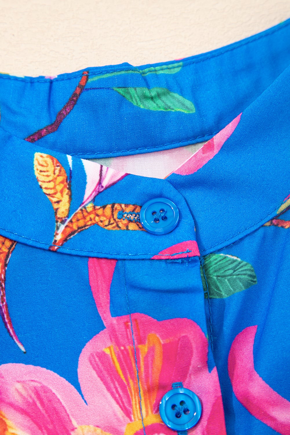 Blue Floral Short Puff Sleeve Button Up Shirt