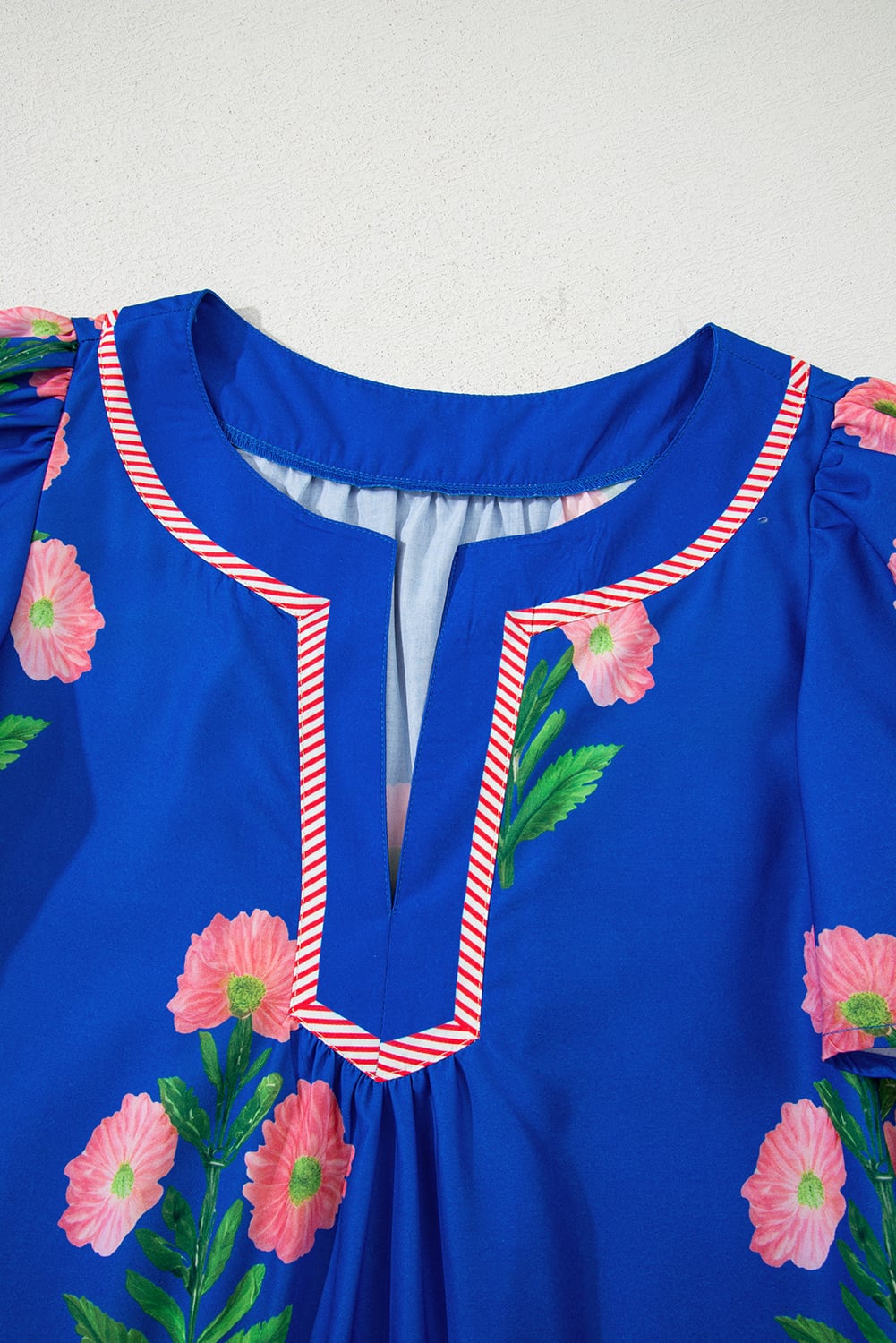 Blue Floral Short Sleeve Split Neck Loose Mini Dress