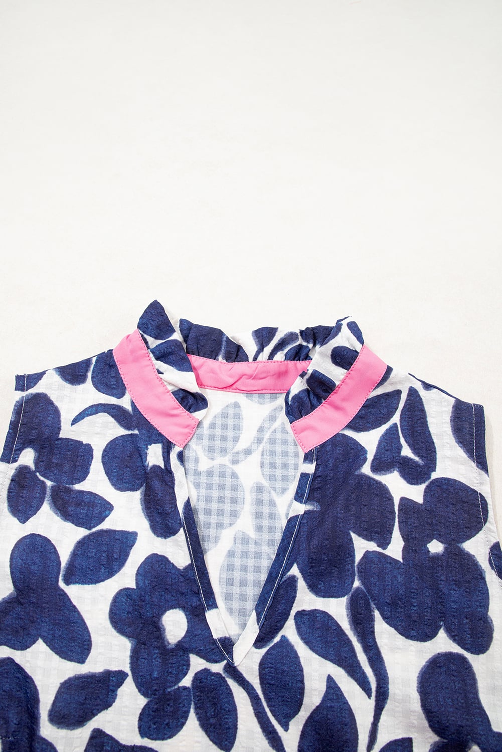 Blue Floral Sleeveless Colorblock Notched V Neck Mini Dress