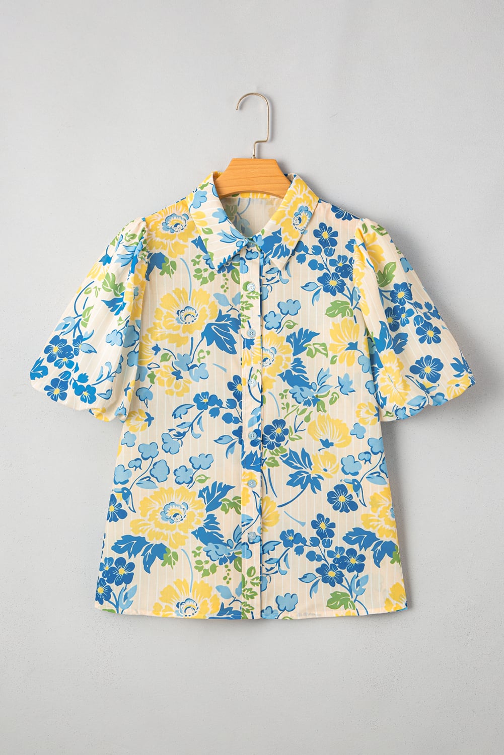 Blue Floral Striped Mixed Print Puff Short Sleeve Blouse
