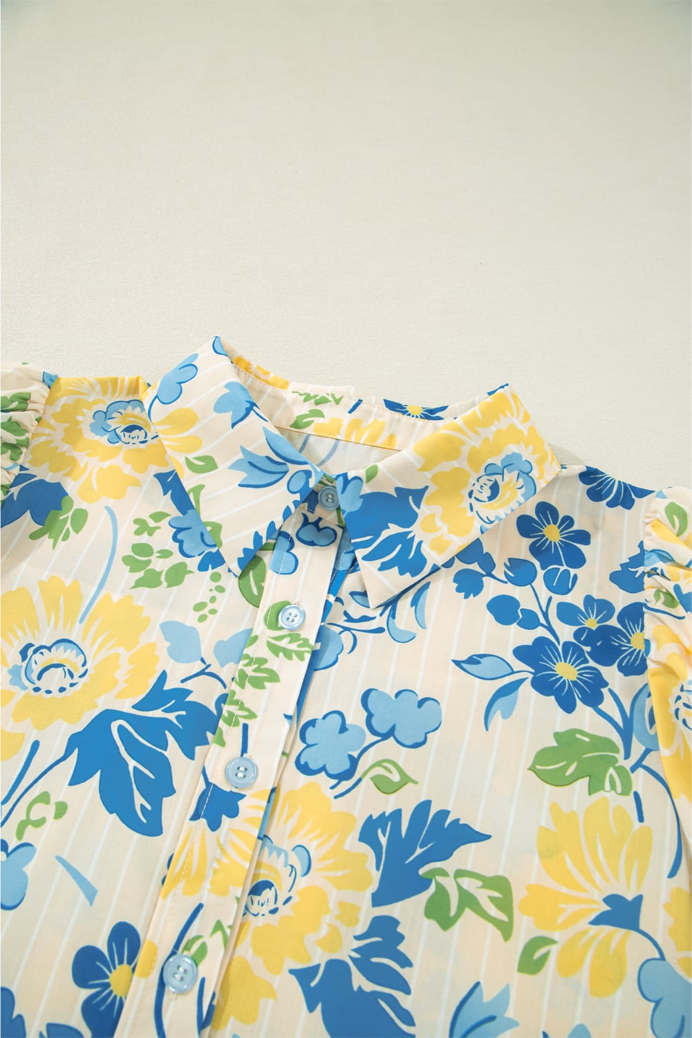 Blue Floral Striped Mixed Print Puff Short Sleeve Blouse
