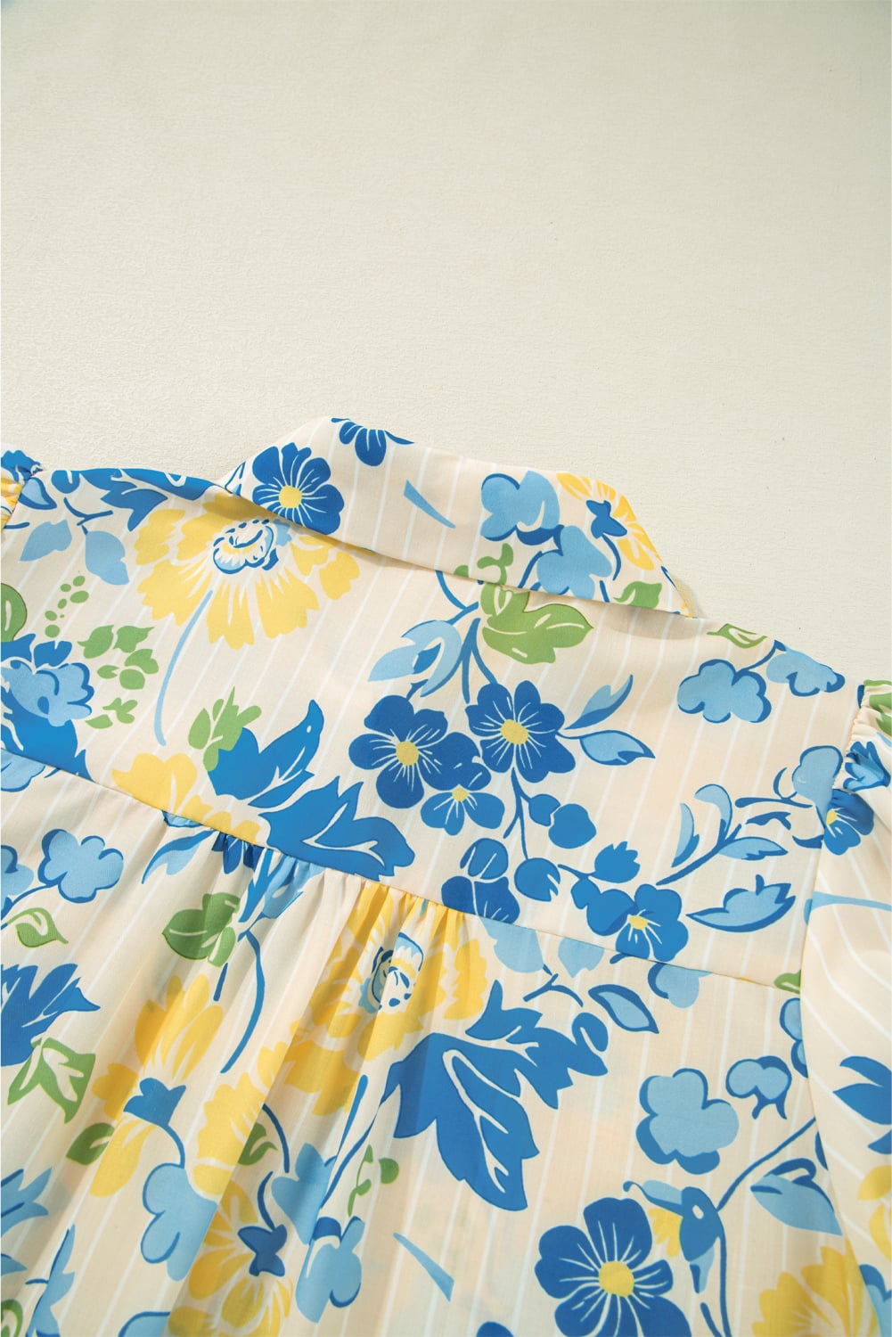 Blue Floral Striped Mixed Print Puff Short Sleeve Blouse