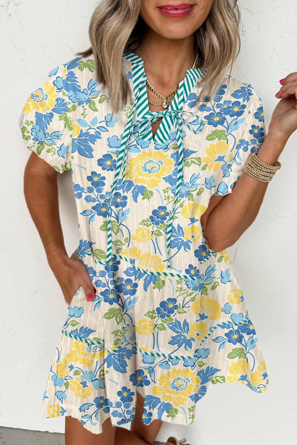 Blue Floral Striped Trim Puff Short Sleeve Dress