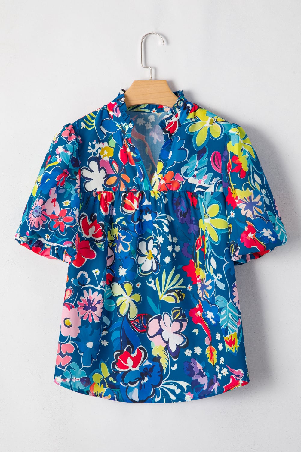 Blue Flower Print Collared V Neck Puff Short Sleeve Loose Blouse