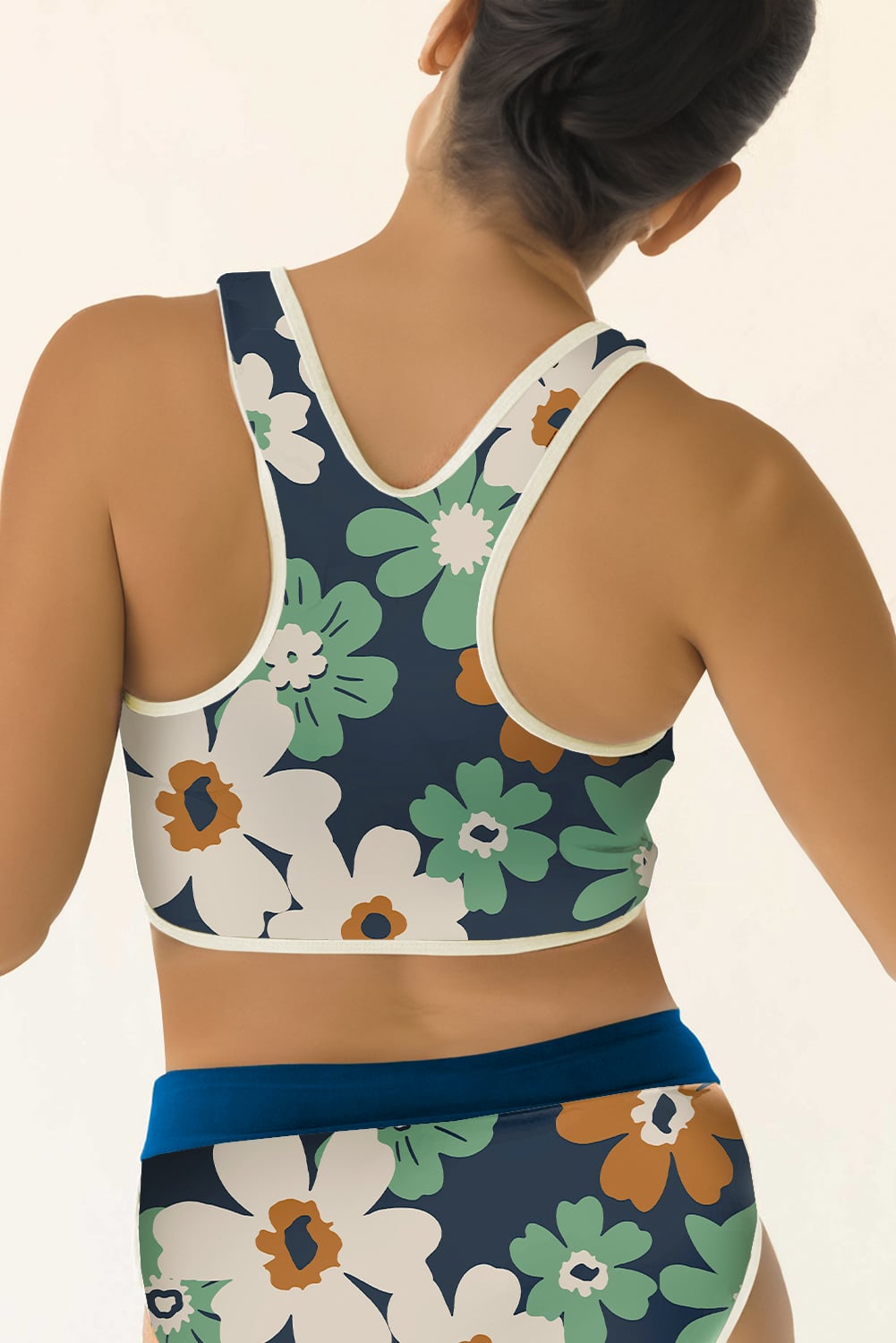 Blue Flower Zip up Racerback High Waisted Bikini