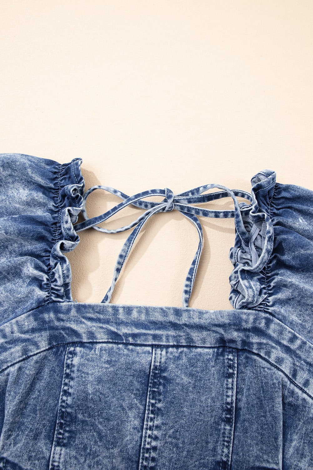 Blue Frilly Square Neck Bustier Puff Sleeve Short Denim Dress