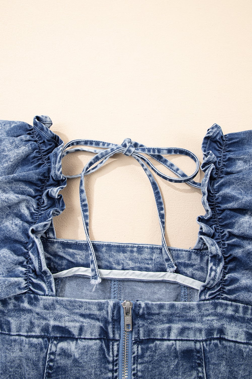 Blue Frilly Square Neck Bustier Puff Sleeve Short Denim Dress