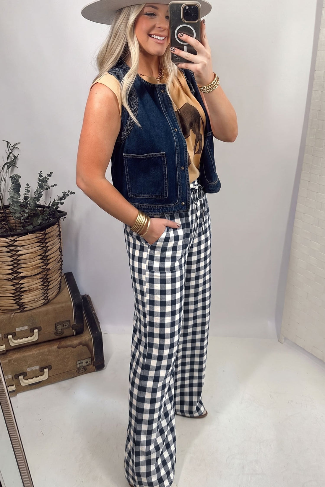 Blue 100% Cotton Gingham Plaid Tie Elastic Waist Shift Pants