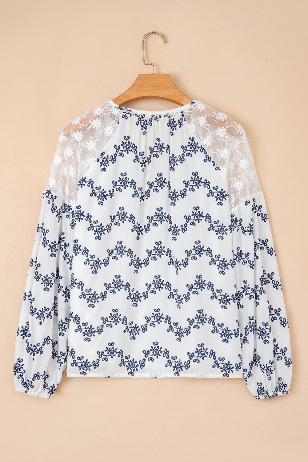 Blue Lace Patchwork Floral Bubble Sleeve V Split Neck Blouse