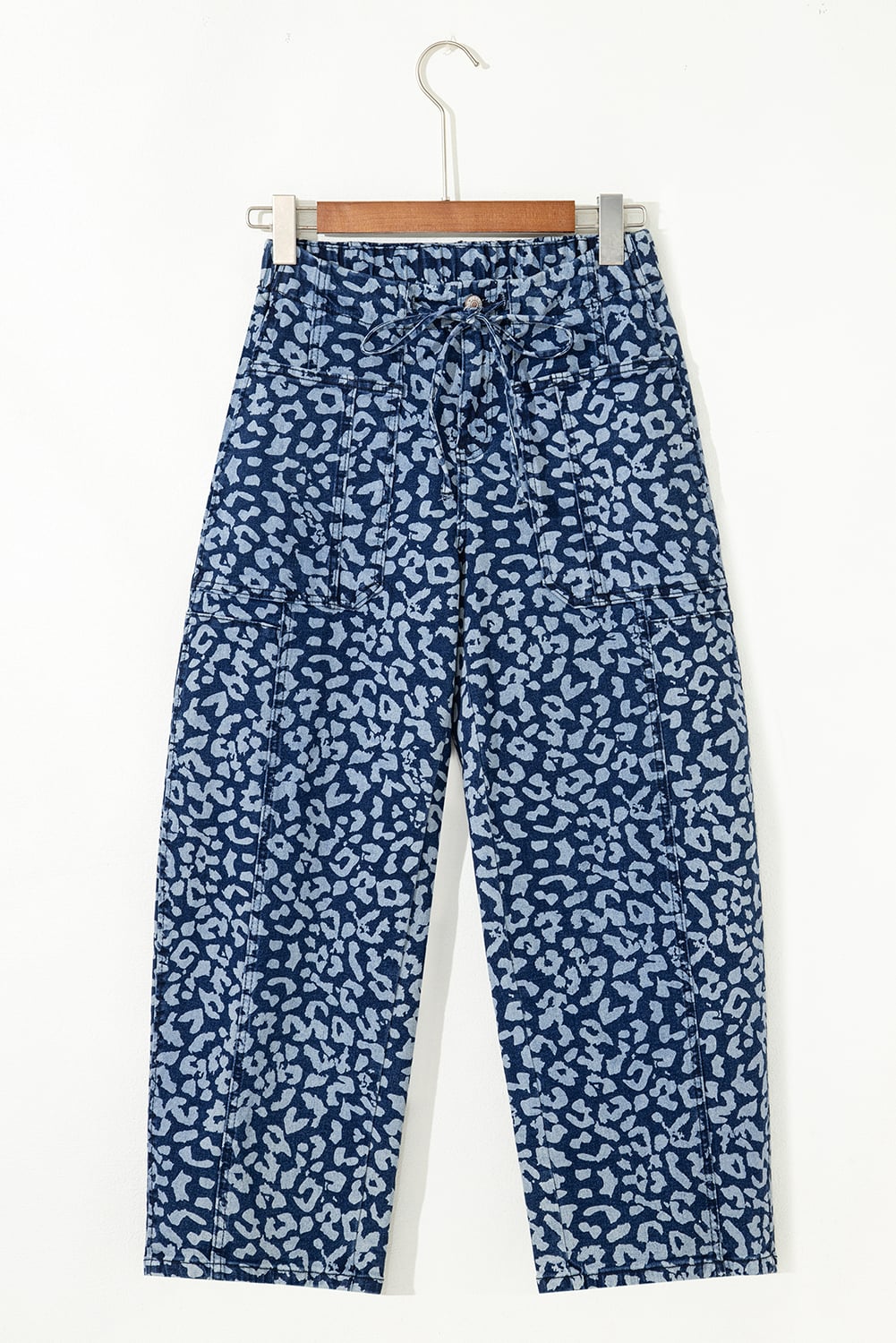 Blue Leopard Printed Drawstring Elastic Waistband Pocketed Barrel Jeans