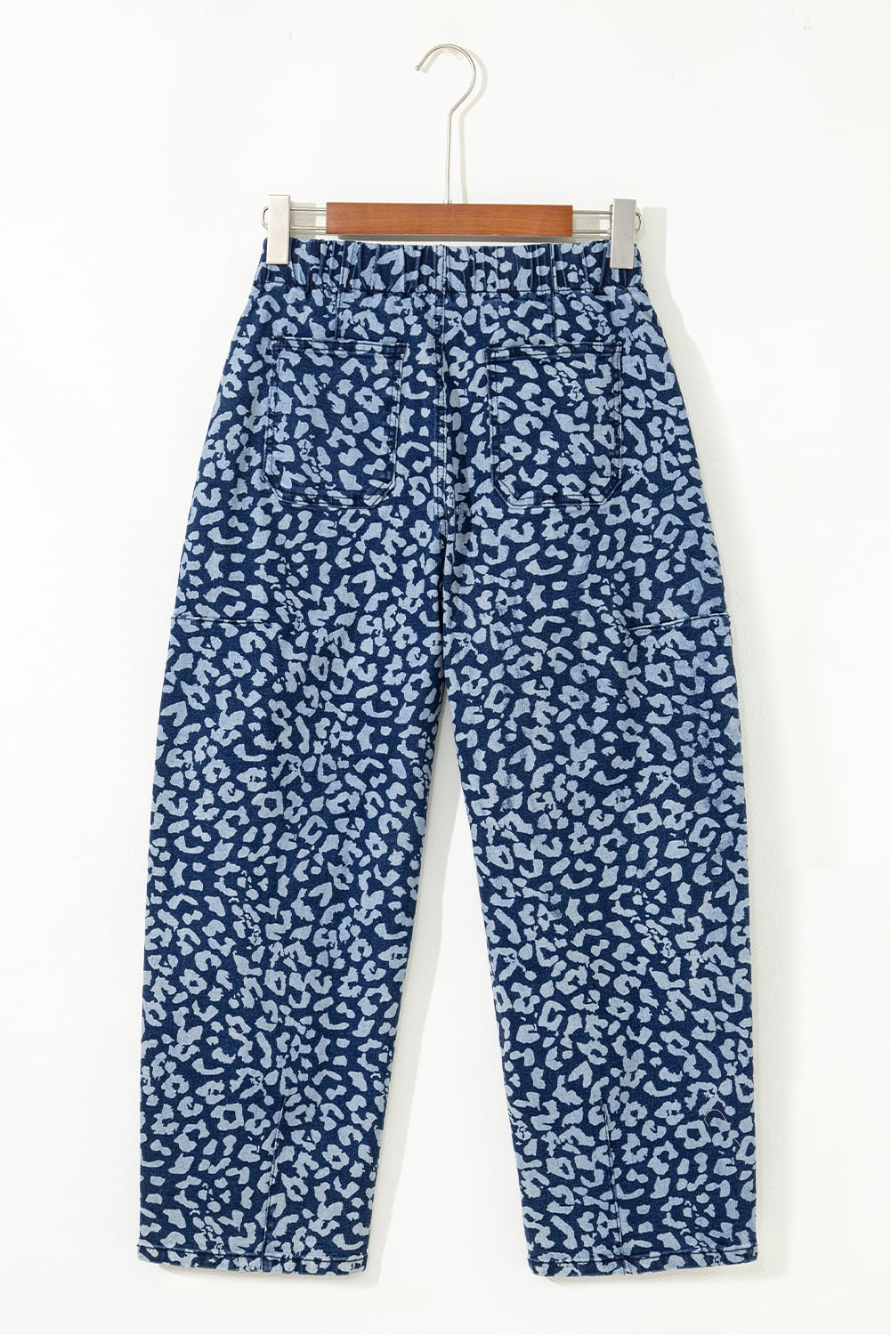 Blue Leopard Printed Drawstring Elastic Waistband Pocketed Barrel Jeans