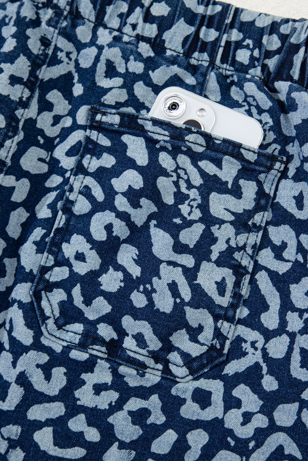 Blue Leopard Printed Drawstring Elastic Waistband Pocketed Barrel Jeans