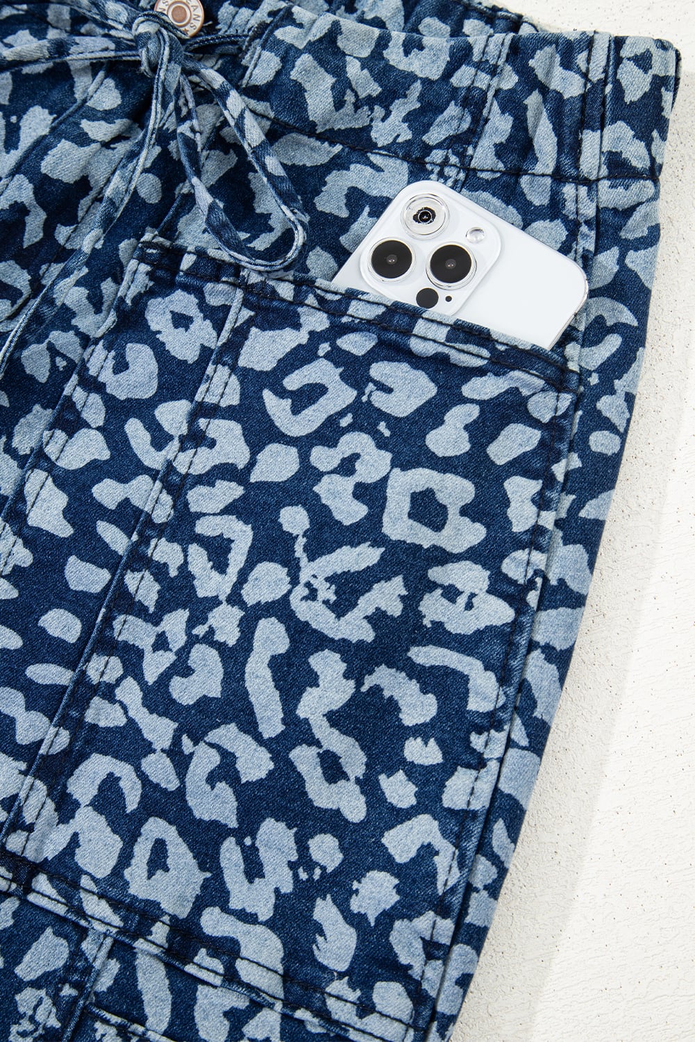 Blue Leopard Printed Drawstring Elastic Waistband Pocketed Barrel Jeans