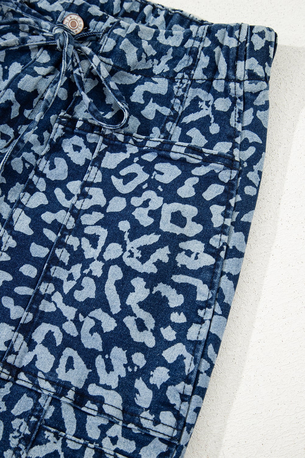 Blue Leopard Printed Drawstring Elastic Waistband Pocketed Barrel Jeans