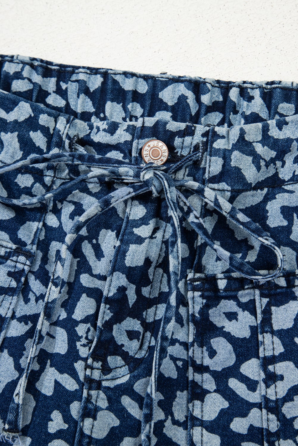 Blue Leopard Printed Drawstring Elastic Waistband Pocketed Barrel Jeans