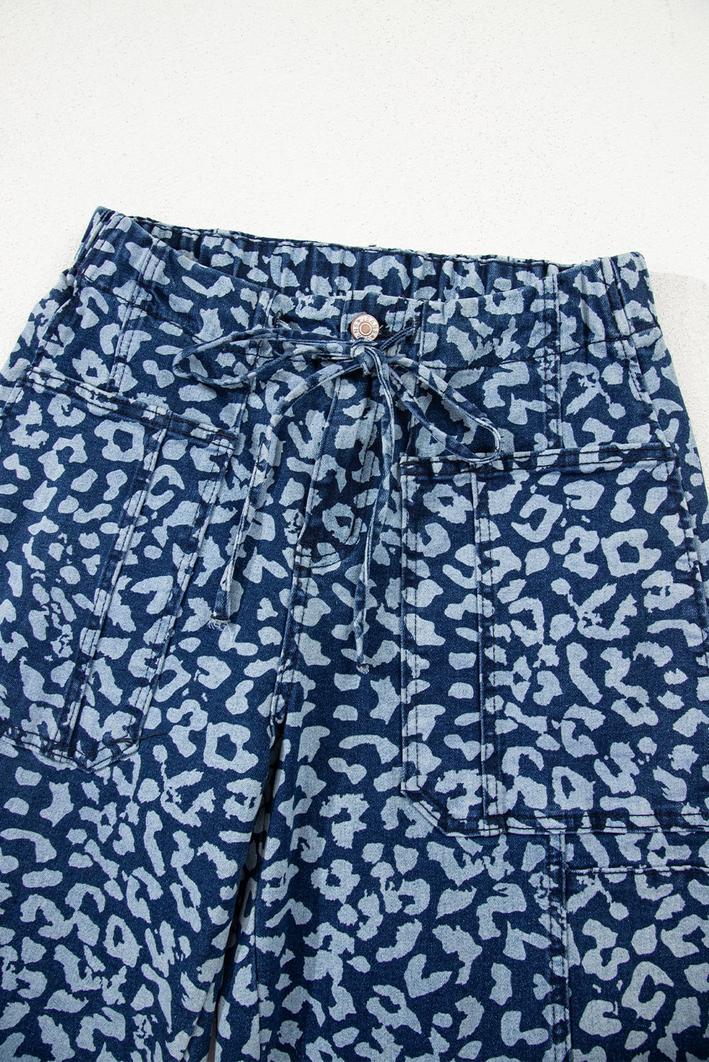 Blue Leopard Printed Drawstring Elastic Waistband Pocketed Barrel Jeans