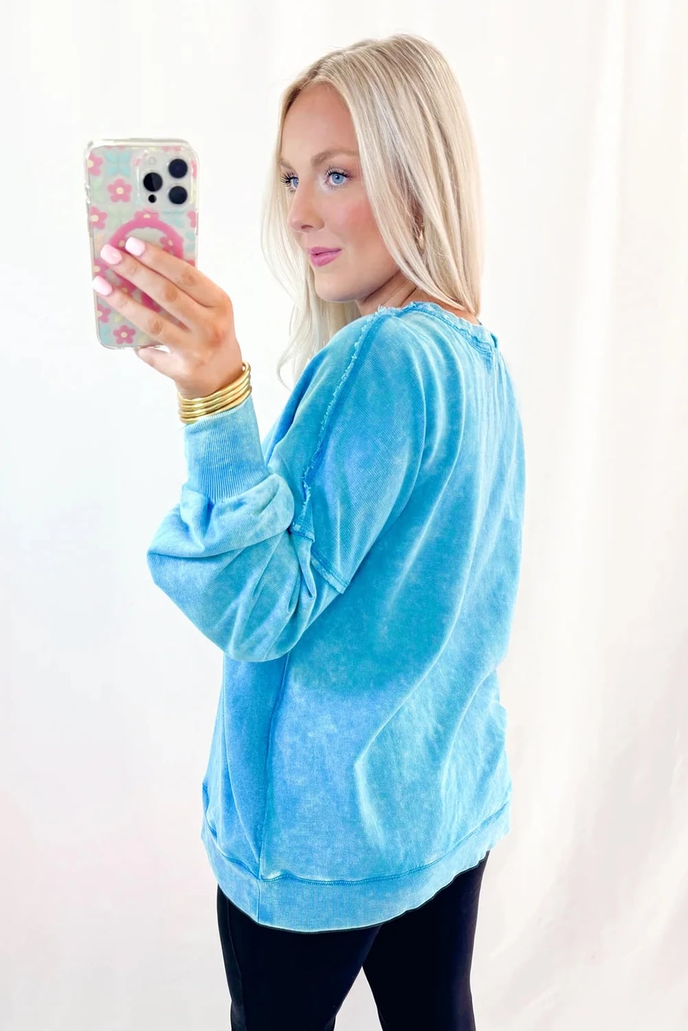 Blue Mineral Wash Raw Seam Double Patched Pocket Pullover Sweatshirt