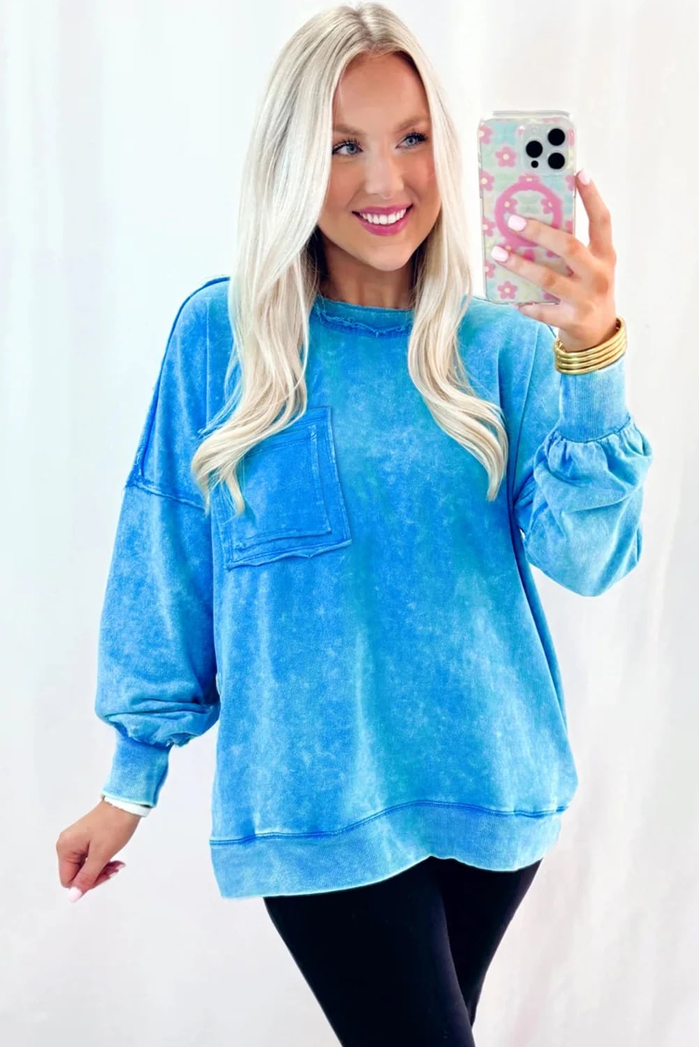 Blue Mineral Wash Raw Seam Double Patched Pocket Pullover Sweatshirt