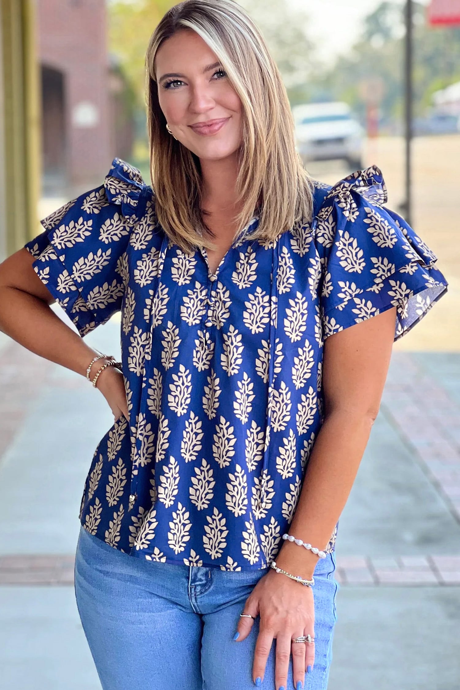 Blue Plus Size Botanical Print Tie V Neck Ruffle Short Sleeve Blouse