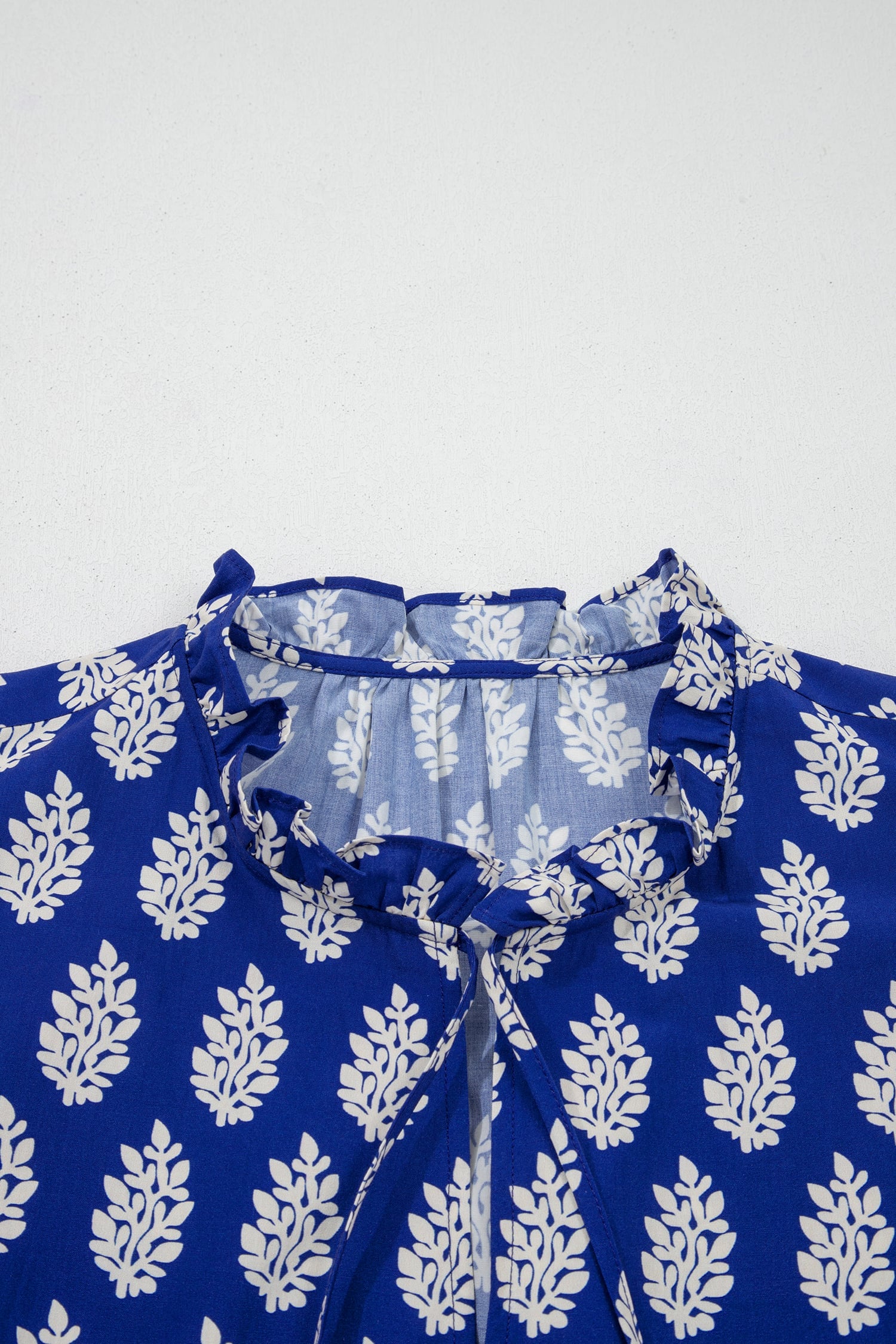 Blue Plus Size Botanical Print Tie V Neck Ruffle Short Sleeve Blouse