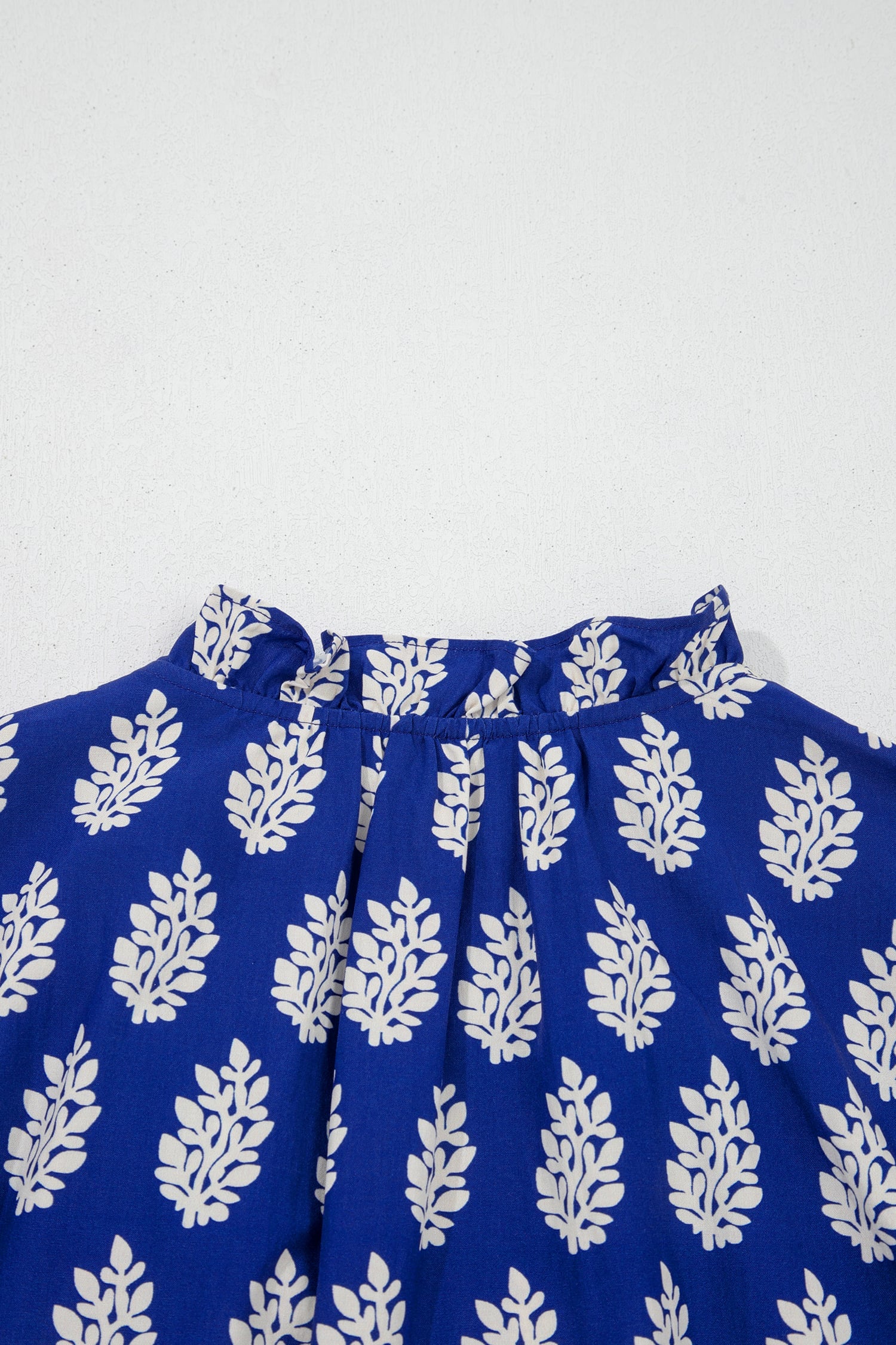 Blue Plus Size Botanical Print Tie V Neck Ruffle Short Sleeve Blouse