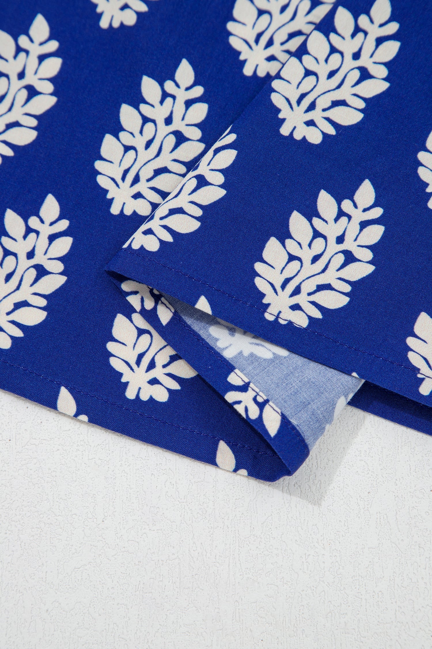Blue Plus Size Botanical Print Tie V Neck Ruffle Short Sleeve Blouse
