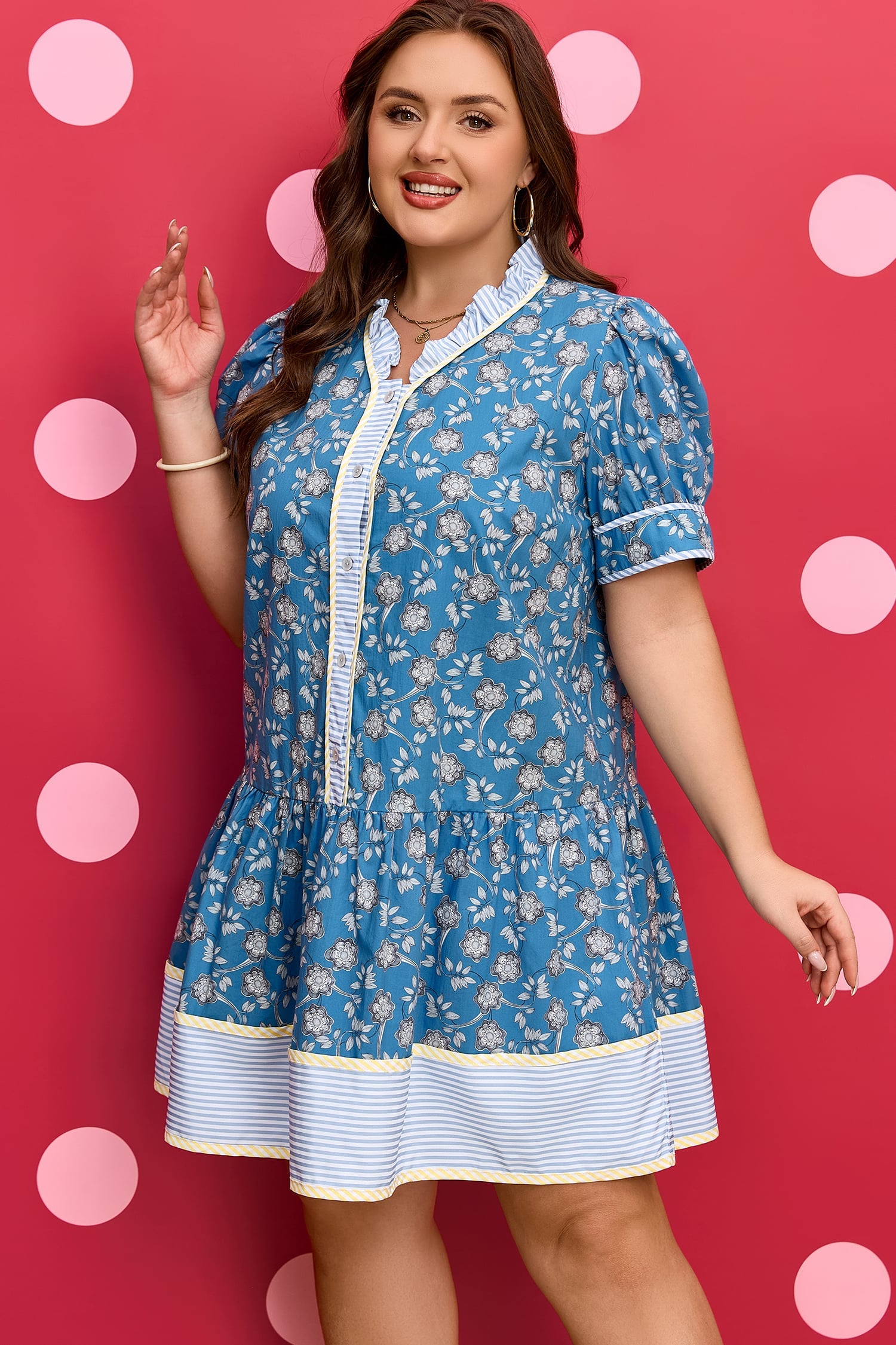 Blue Plus Size Floral Print Striped Patchwork Detail Button Front Ruffle Hem Dress
