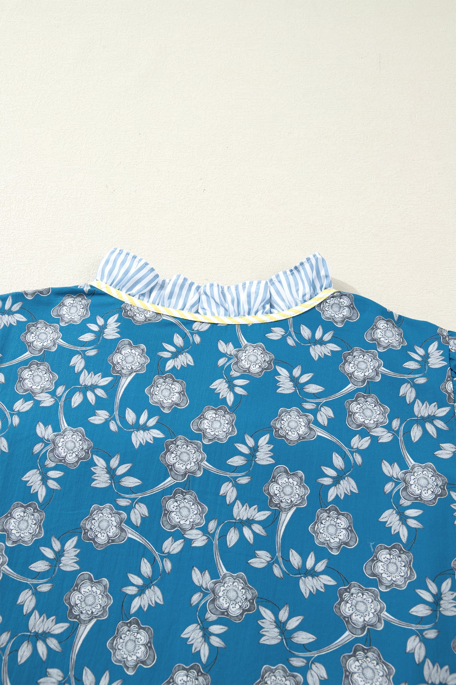 Blue Plus Size Floral Print Striped Patchwork Detail Button Front Ruffle Hem Dress