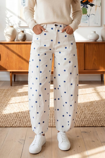 Blue Tailored Seam Polka Dot Print Ankle Length Casual Jeans