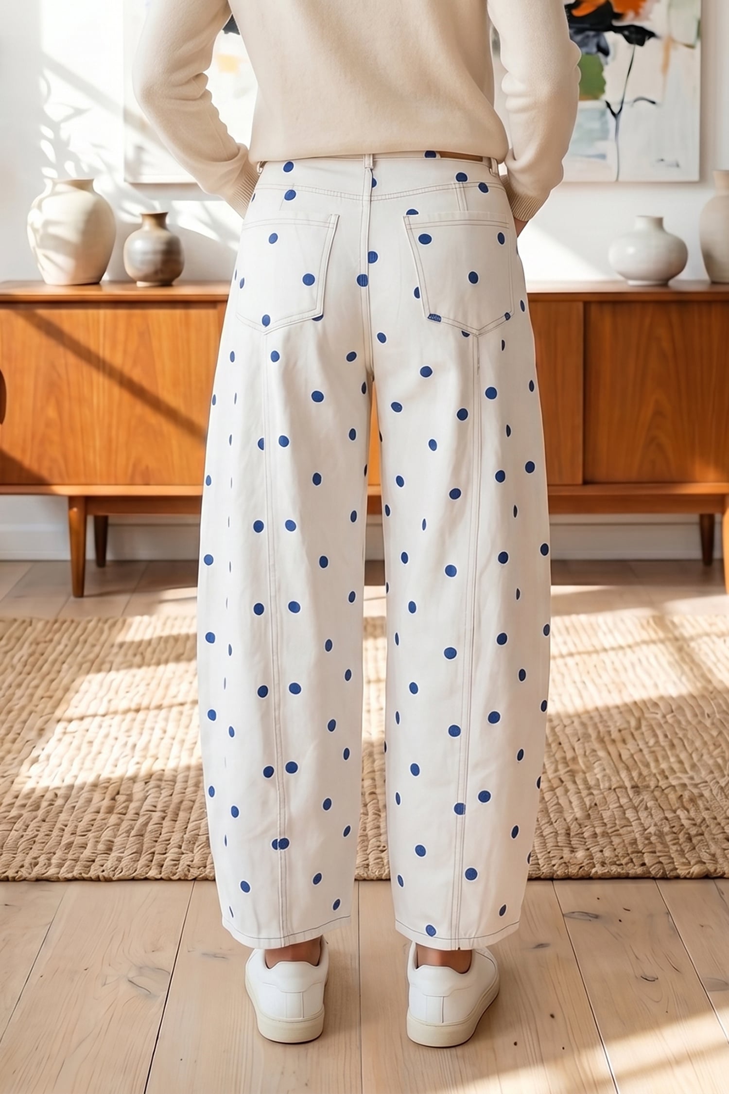 Blue Tailored Seam Polka Dot Print Ankle Length Casual Jeans