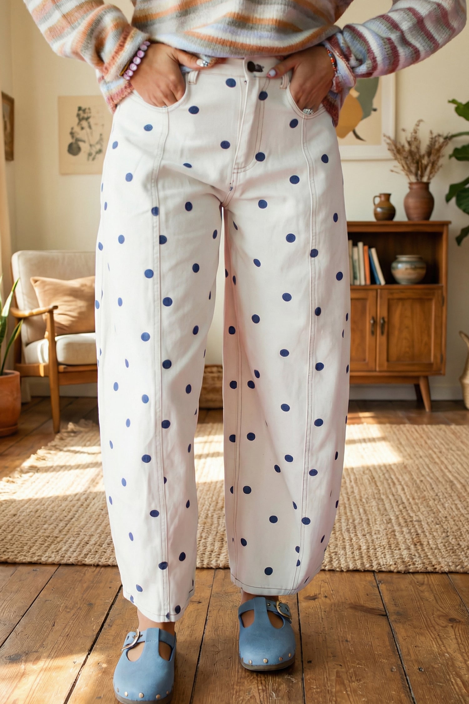 Blue Tailored Seam Polka Dot Print Ankle Length Casual Jeans