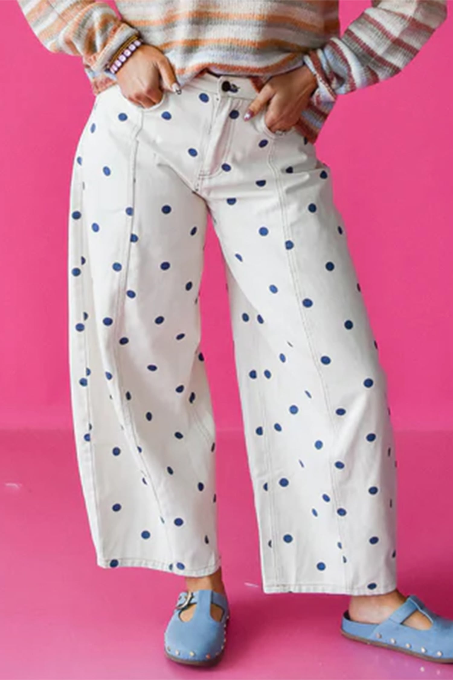Blue Tailored Seam Polka Dot Print Ankle Length Casual Jeans