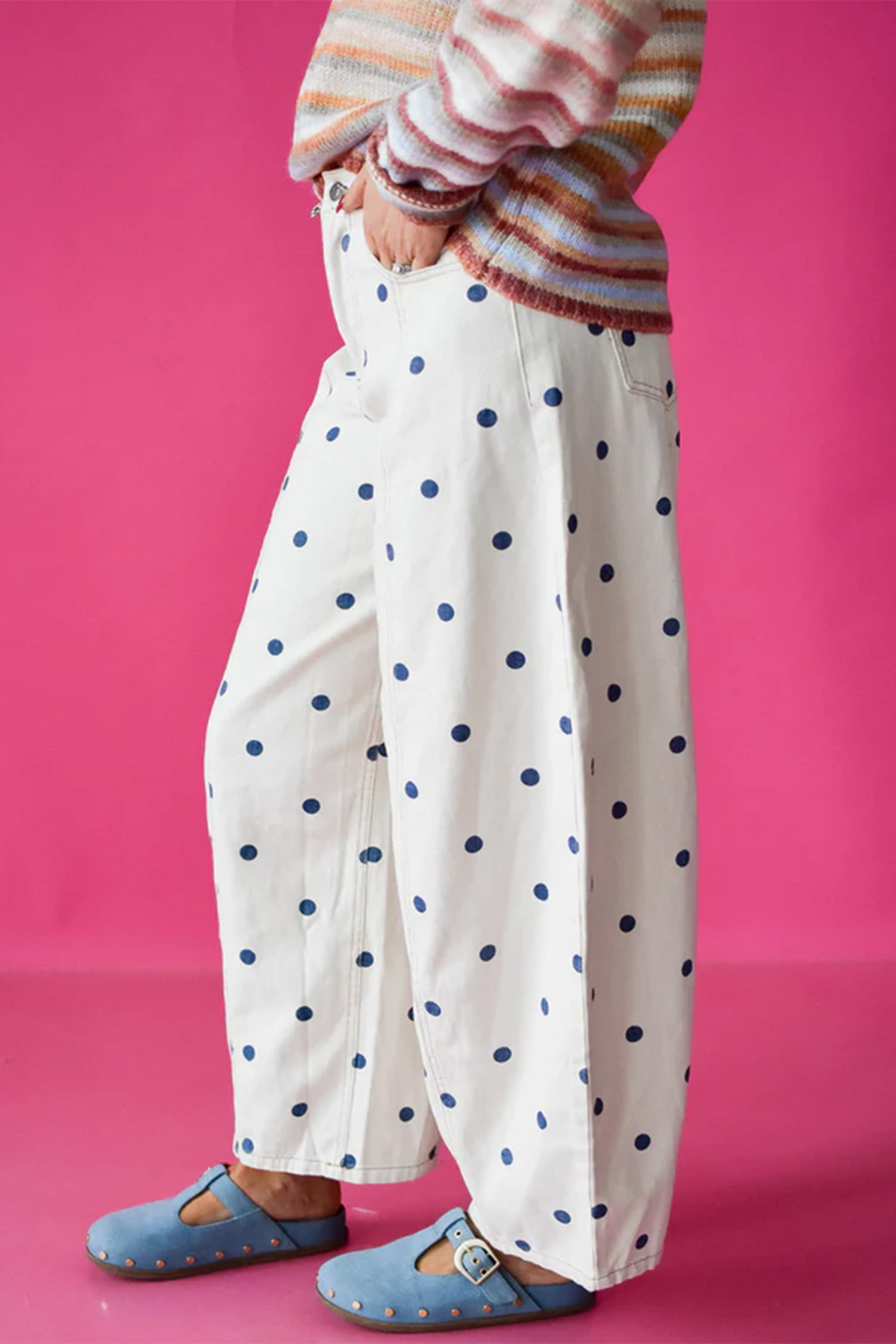 Blue Tailored Seam Polka Dot Print Ankle Length Casual Jeans