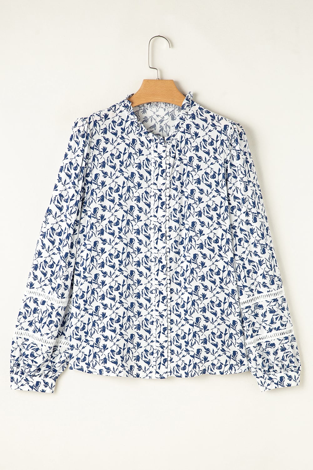 Blue Printed Lace Detail Floral Puff Sleeve Fall Shirt