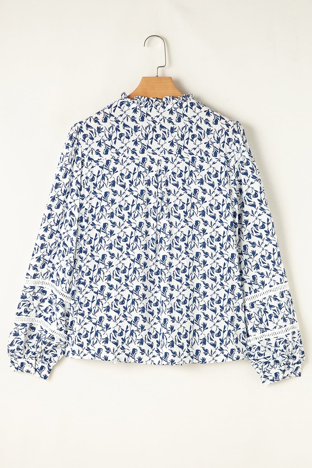 Blue Printed Lace Detail Floral Puff Sleeve Fall Shirt