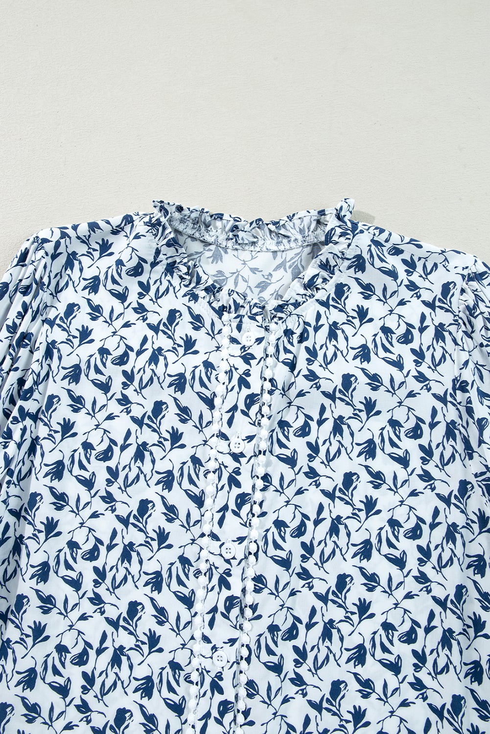 Blue Printed Lace Detail Floral Puff Sleeve Fall Shirt