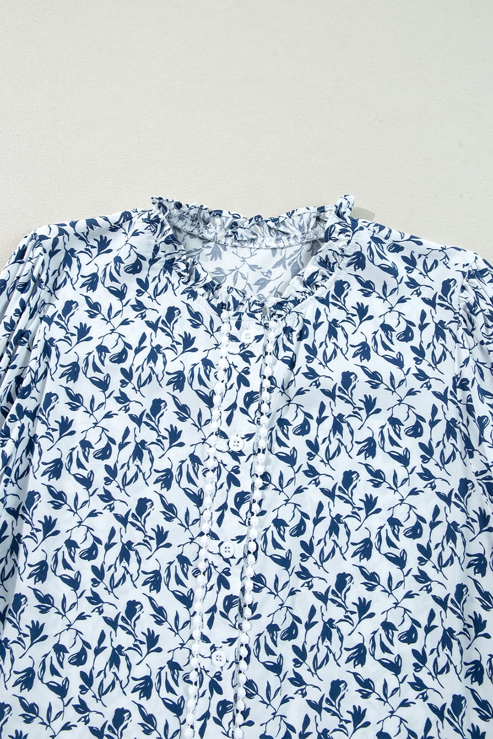 Blue Printed Lace Detail Floral Puff Sleeve Fall Shirt