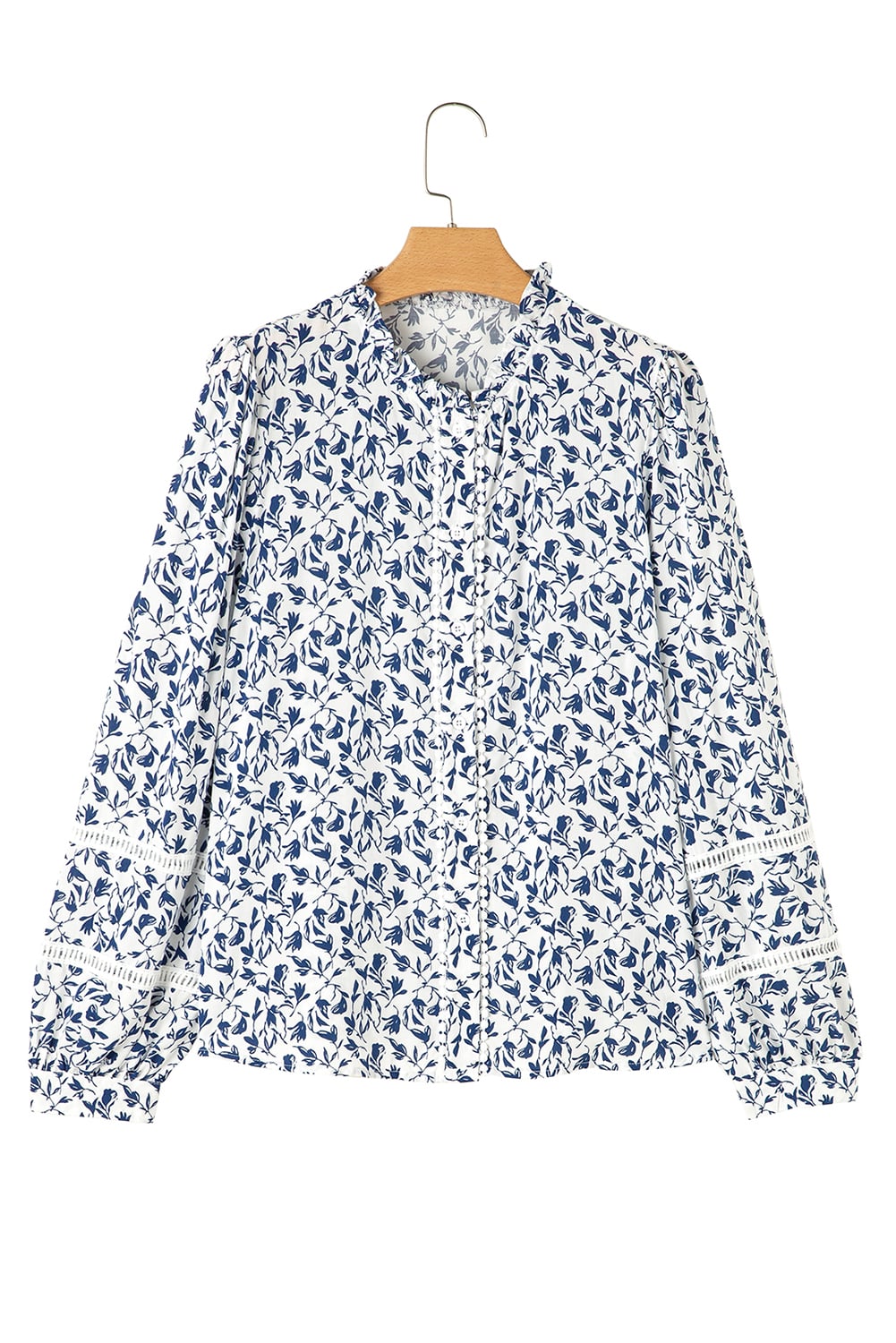 Blue Printed Lace Detail Floral Puff Sleeve Fall Shirt