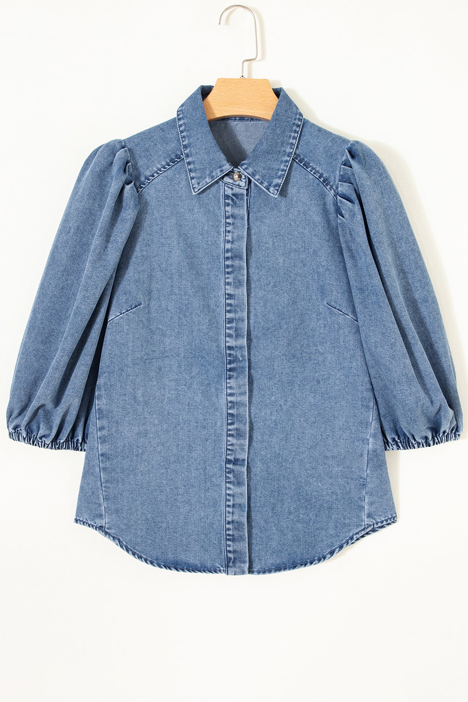 Blue Puff Half Sleeve Collared Denim Shirt
